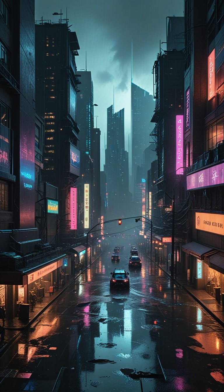 Cyberpunk Cityscape: Neon-Drenched Dystopian Night
