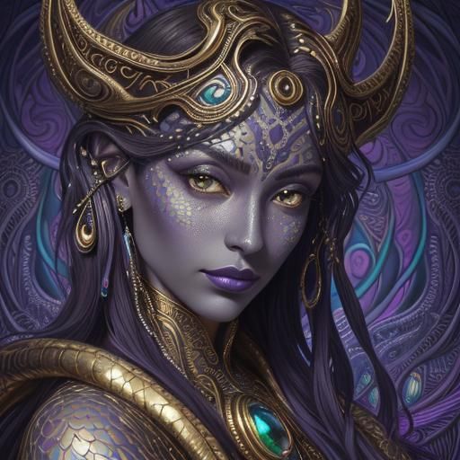 Surreal Metallic Woman with Dragons, Art Nouveau Style