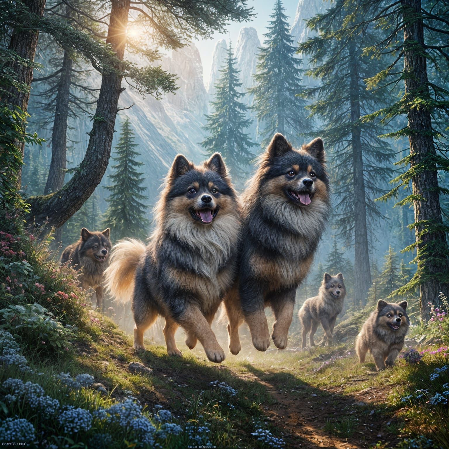 Pomeranians Play in Alpine Forest: Detailed Matte Painting