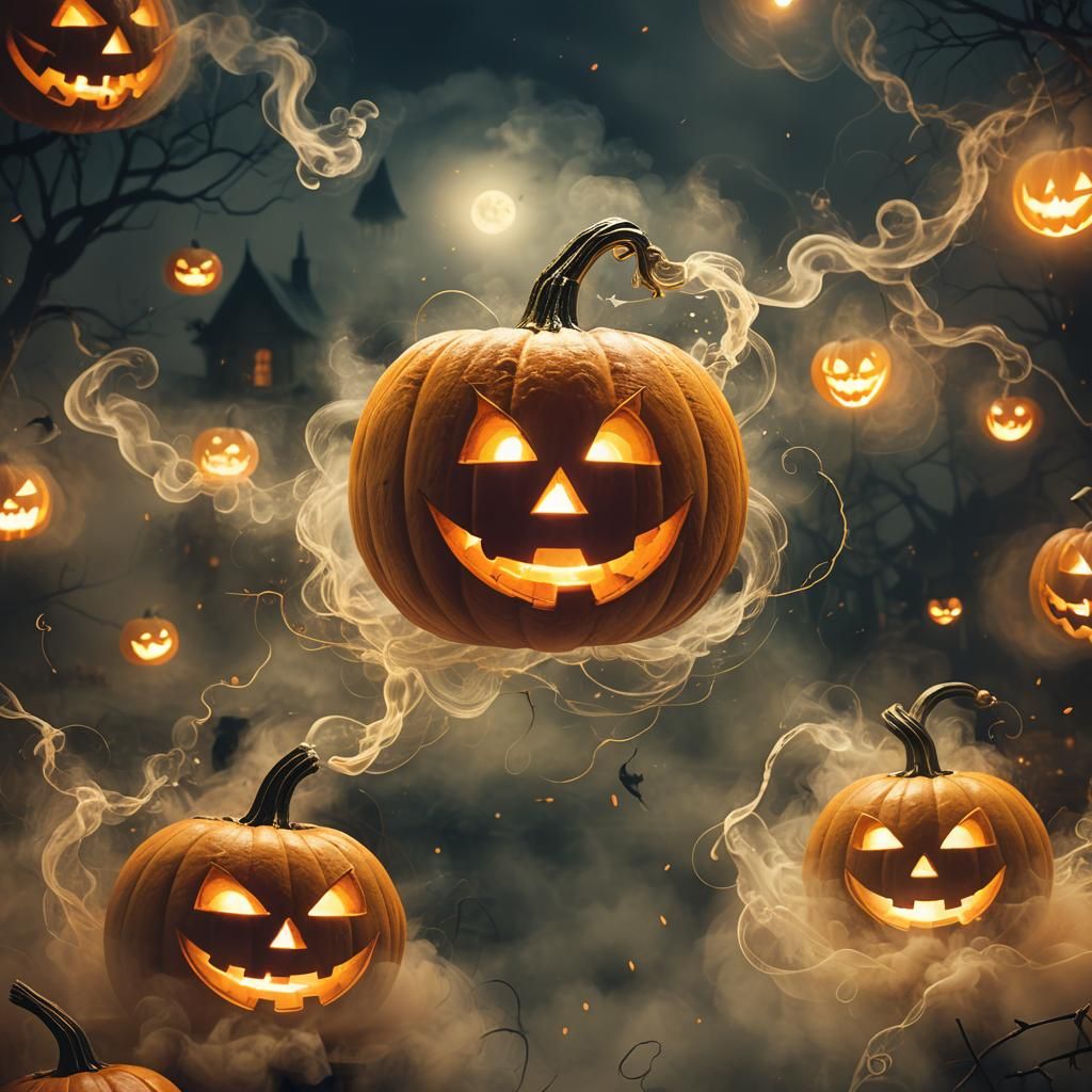 Glowing Jack-o-Lantern Floating in Halloween Smoke