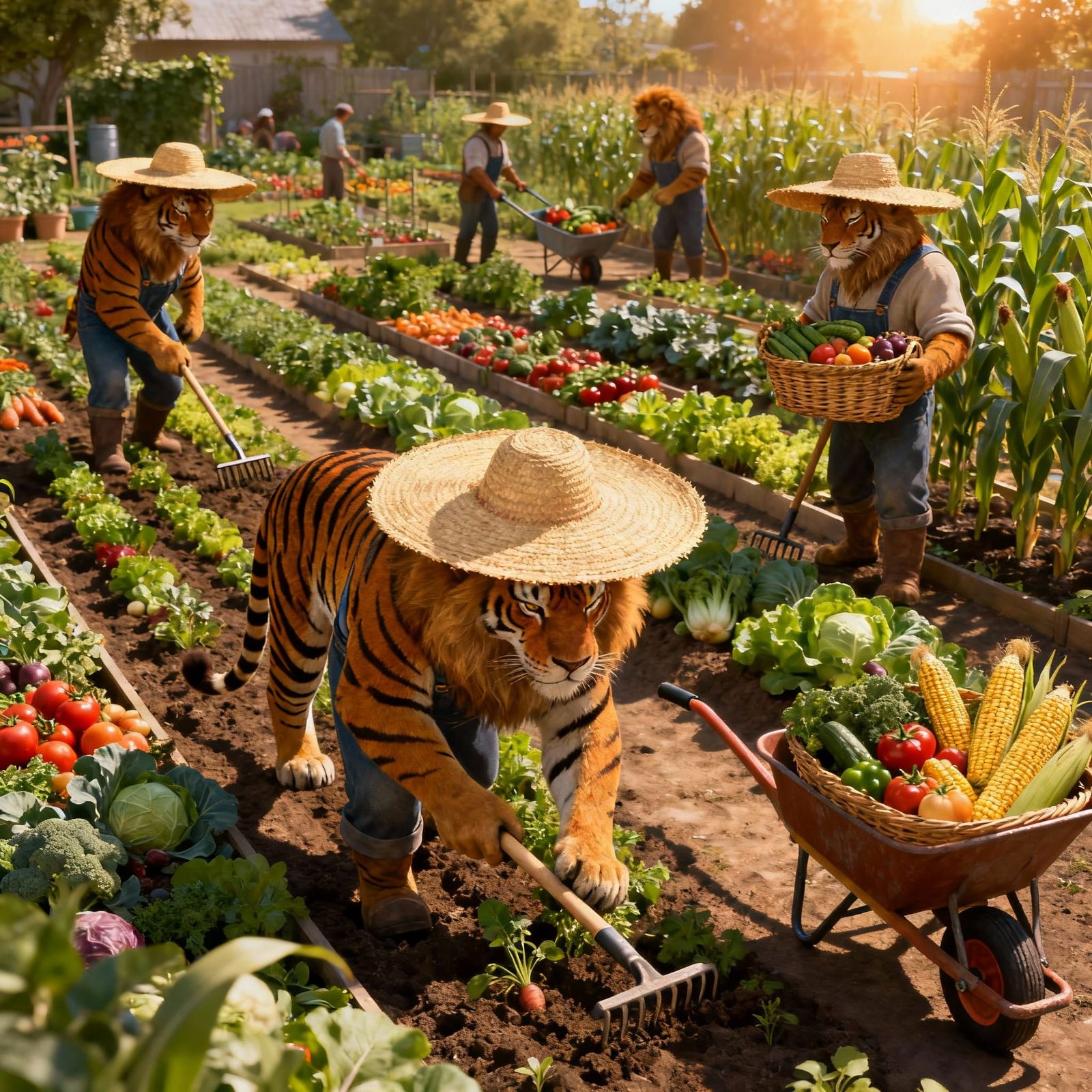 Anthropomorphic Big Cats Cultivate Lush Garden
