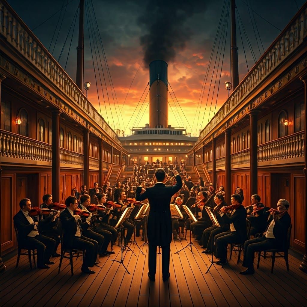 Dramatic Orchestra Performs on Titanic's Stern Deck at Sunse...