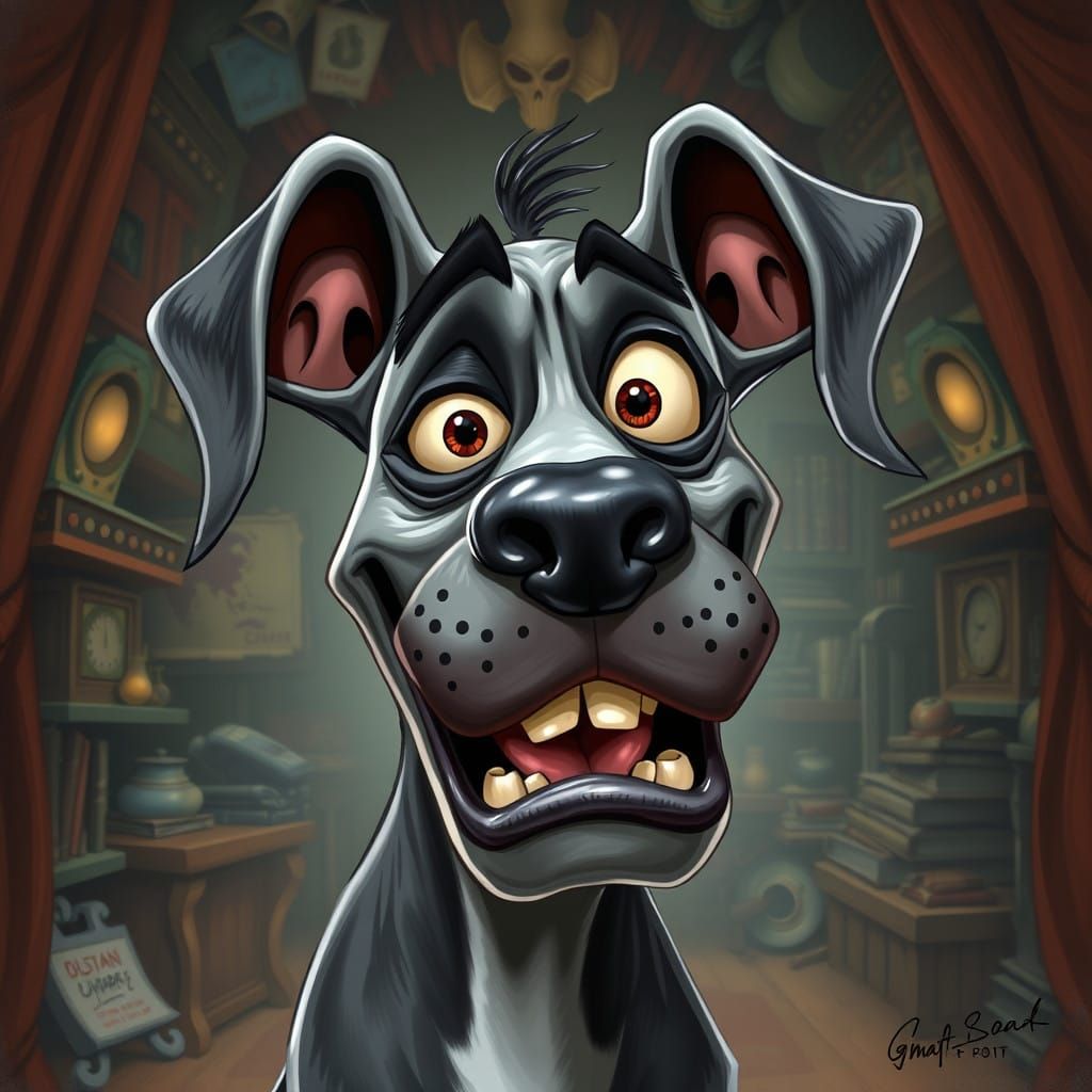 Quirky Cartoon Great Dane in a Surreal Theater Scene