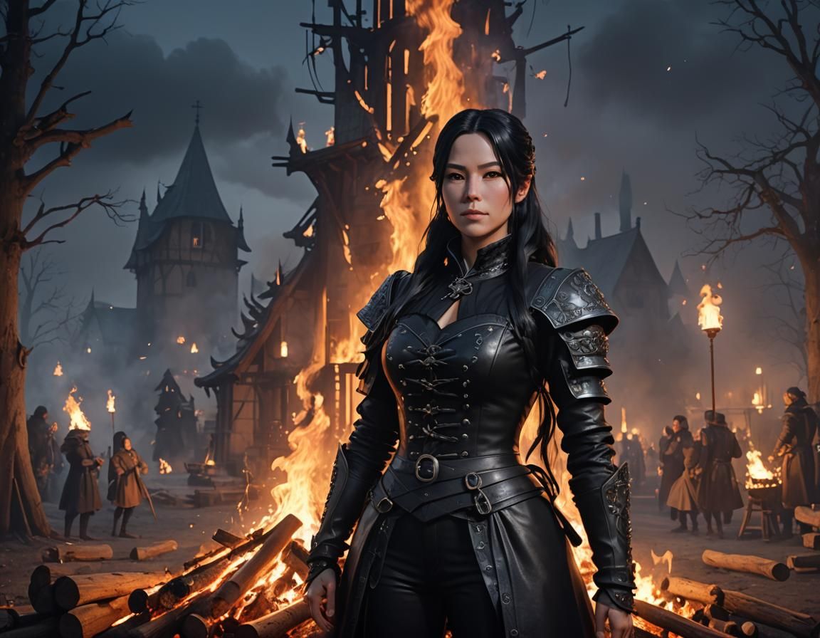 Dark Fantasy Woman in Gothic Costume by Bonfire