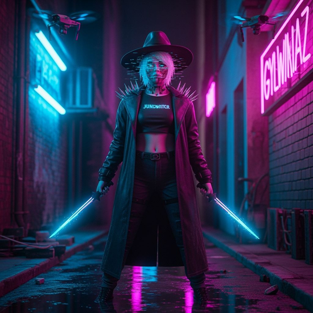 Cyberpunk Witch in Neon Alley with Glowing Bioluminescence