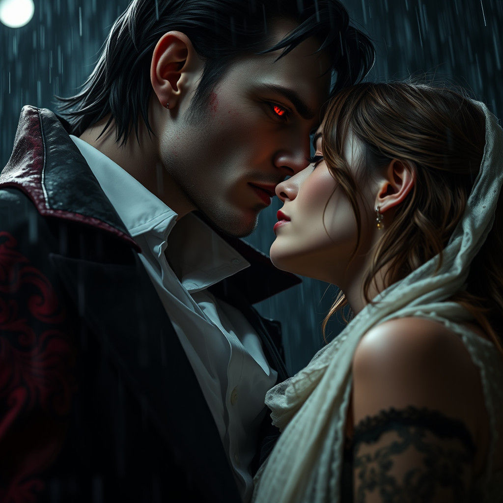Vampire's Kiss: Passionate Encounter in the Rain