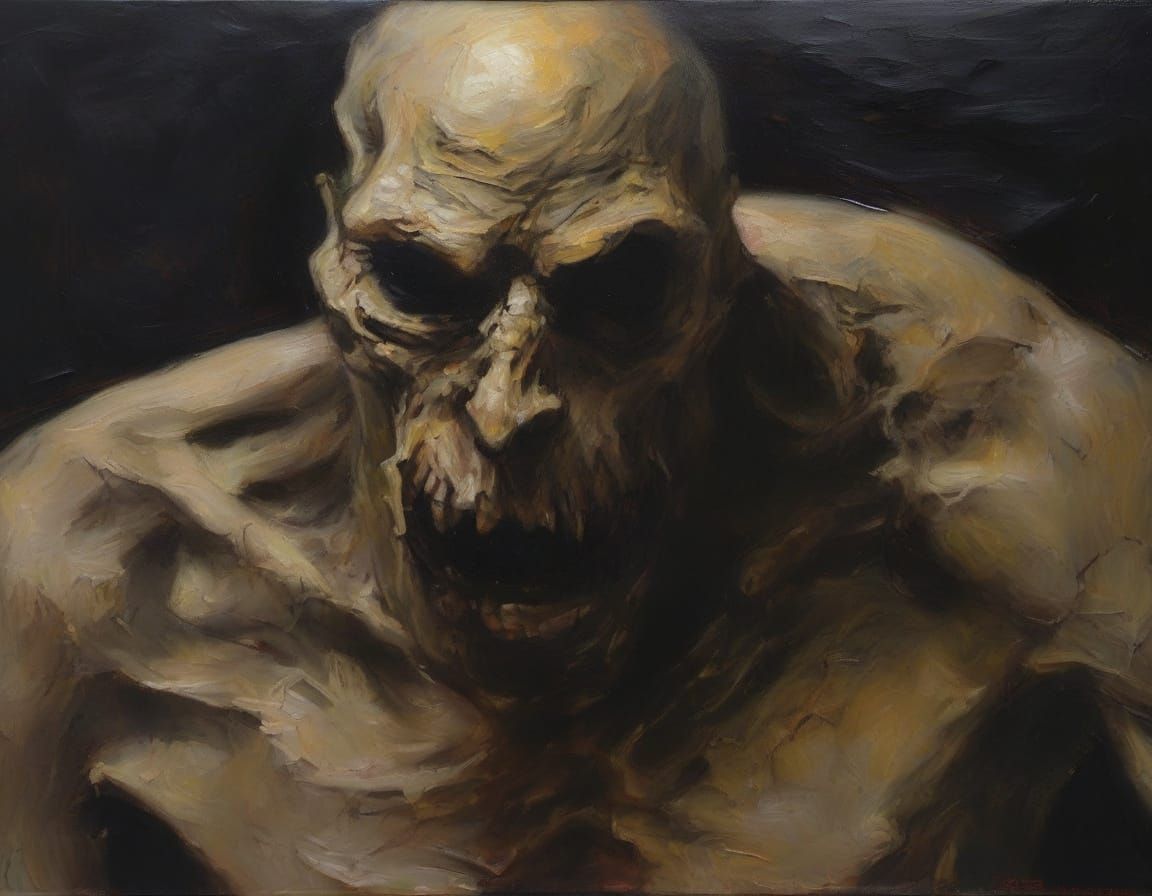 Grotesque Figure Consuming Child in Dark Expressionism