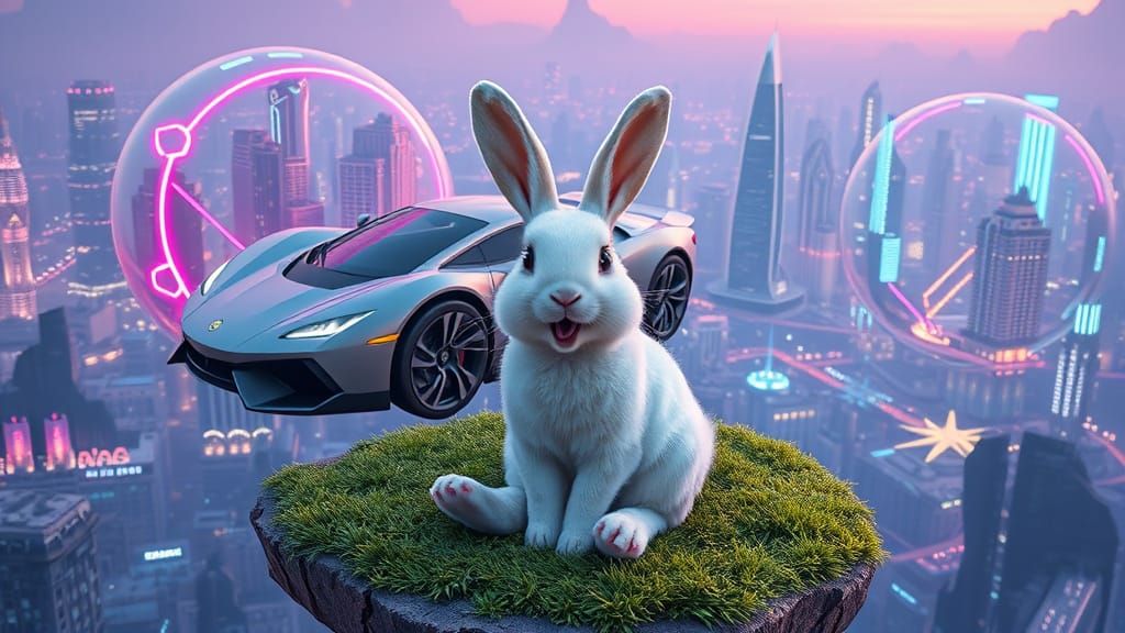 Joyful Bunny on Floating Island in Futuristic Style