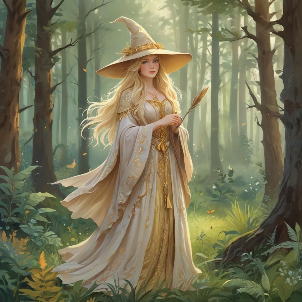 Mystical Witch in Forest Glade: Gouache Illustration