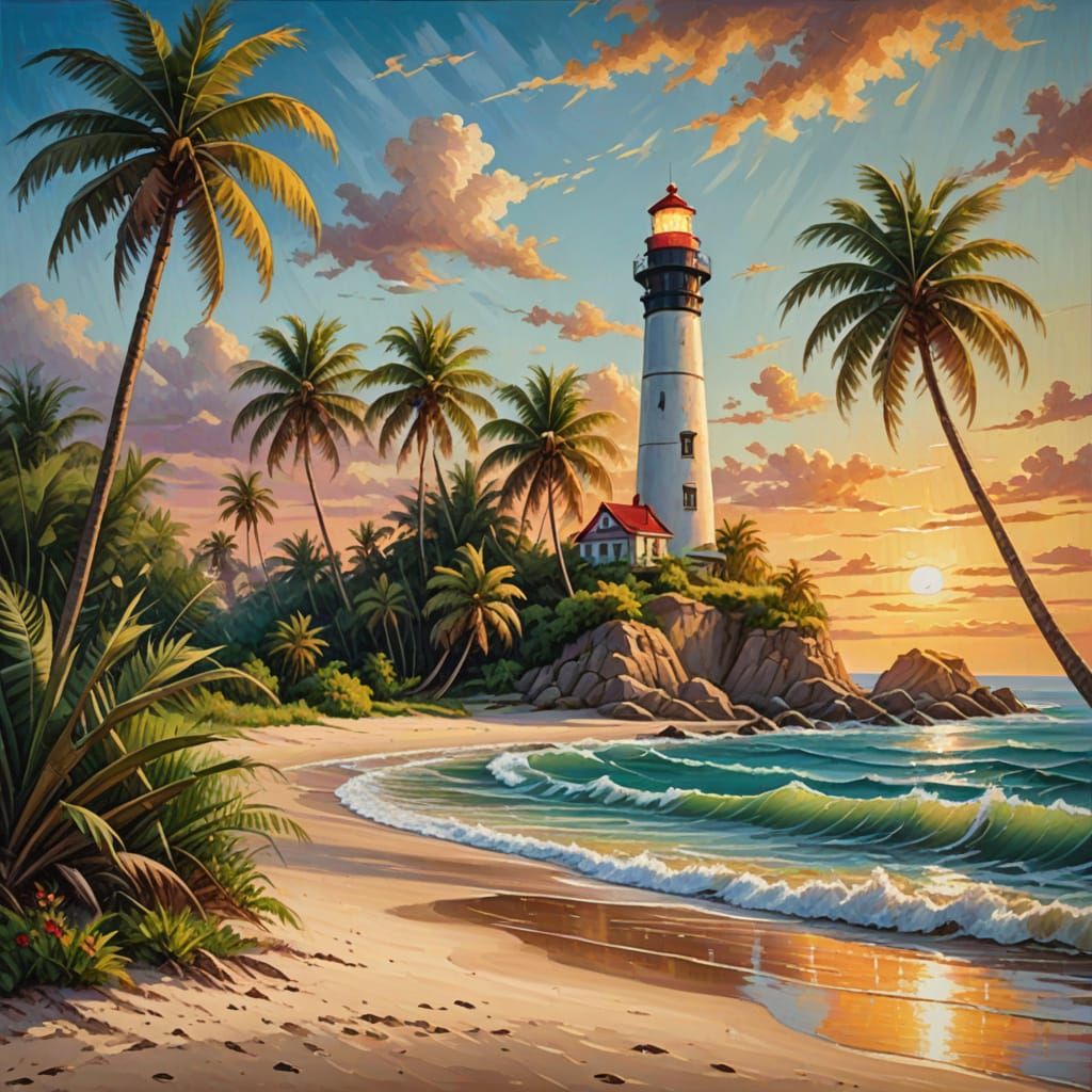 Tropical Lighthouse Painting with Palm Trees at Sunset