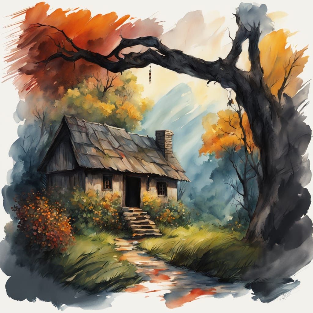 Cat Sleeping on Village Well in Gouache Style