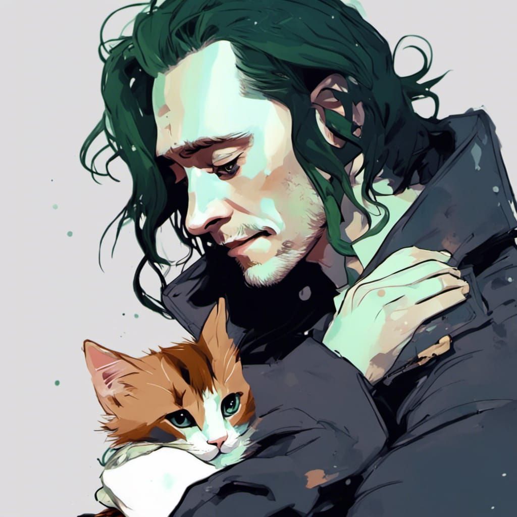 Loki Snuggling Kitten in Anime Style
