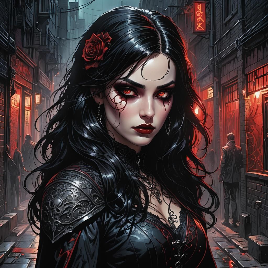 Gothic Woman in Misty Alley, Comic Book Art