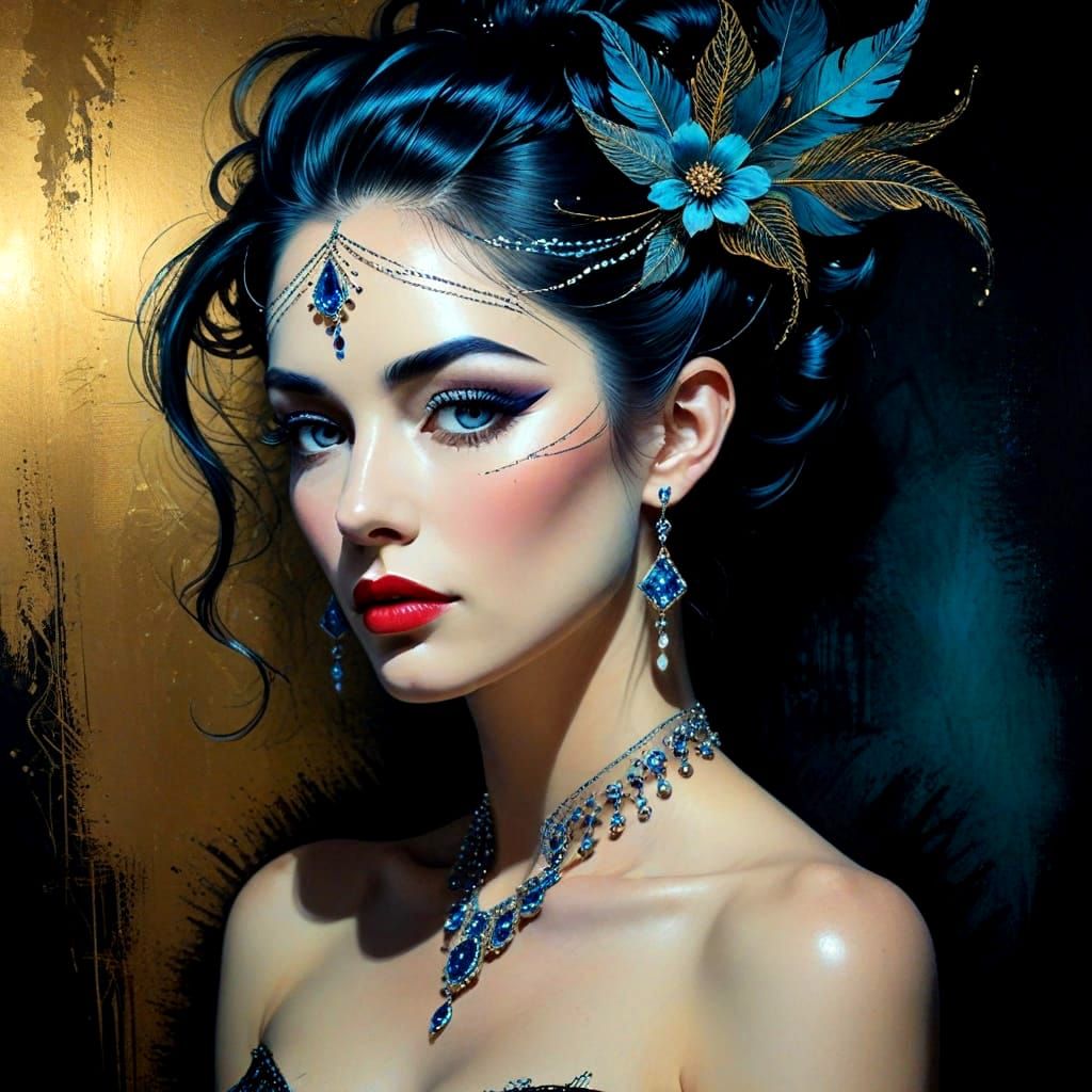 Elegant Courtesan in Avant-Garde Oil Pastel Portraiture