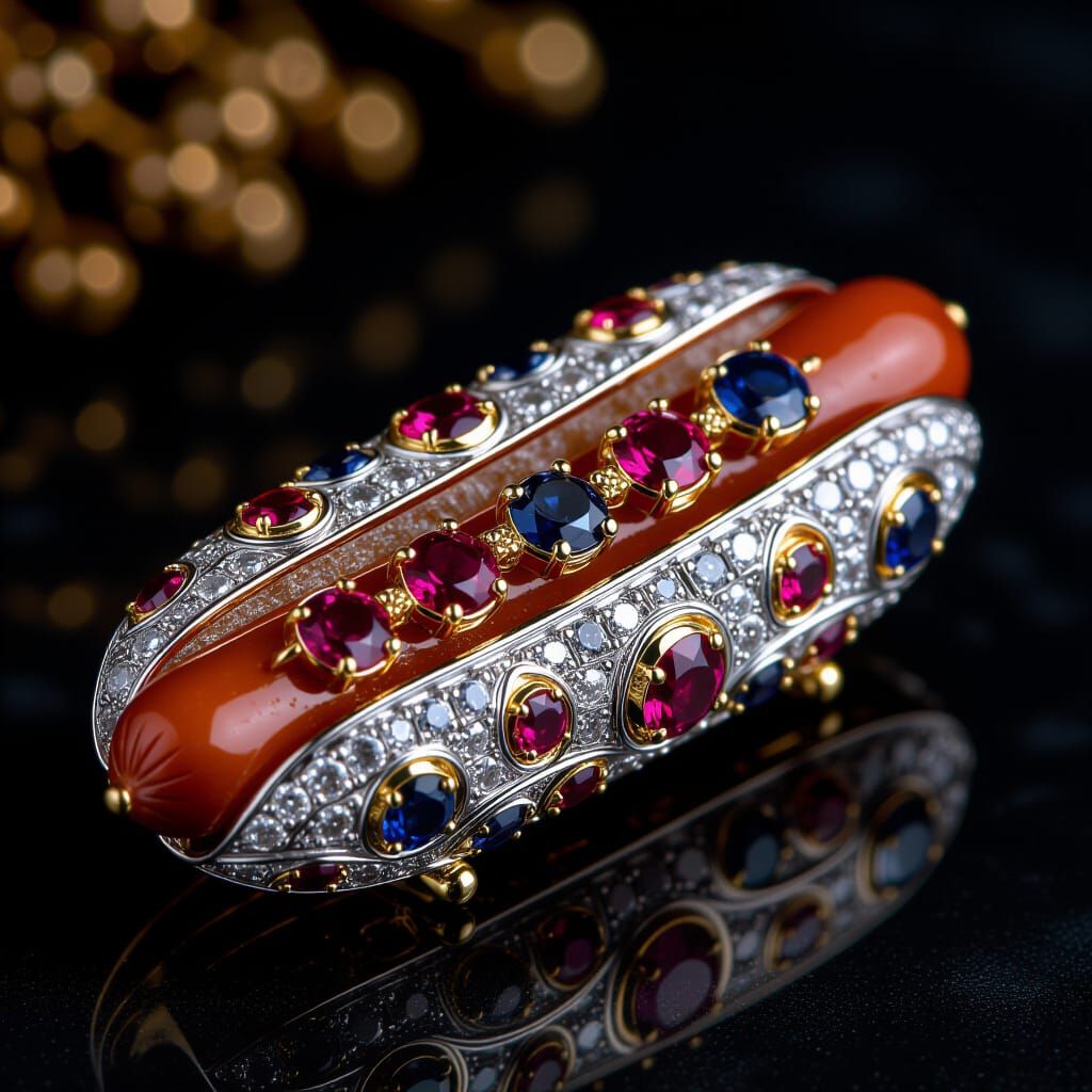 Antique Jeweled Hot Dog Brooch in Art Nouveau Style