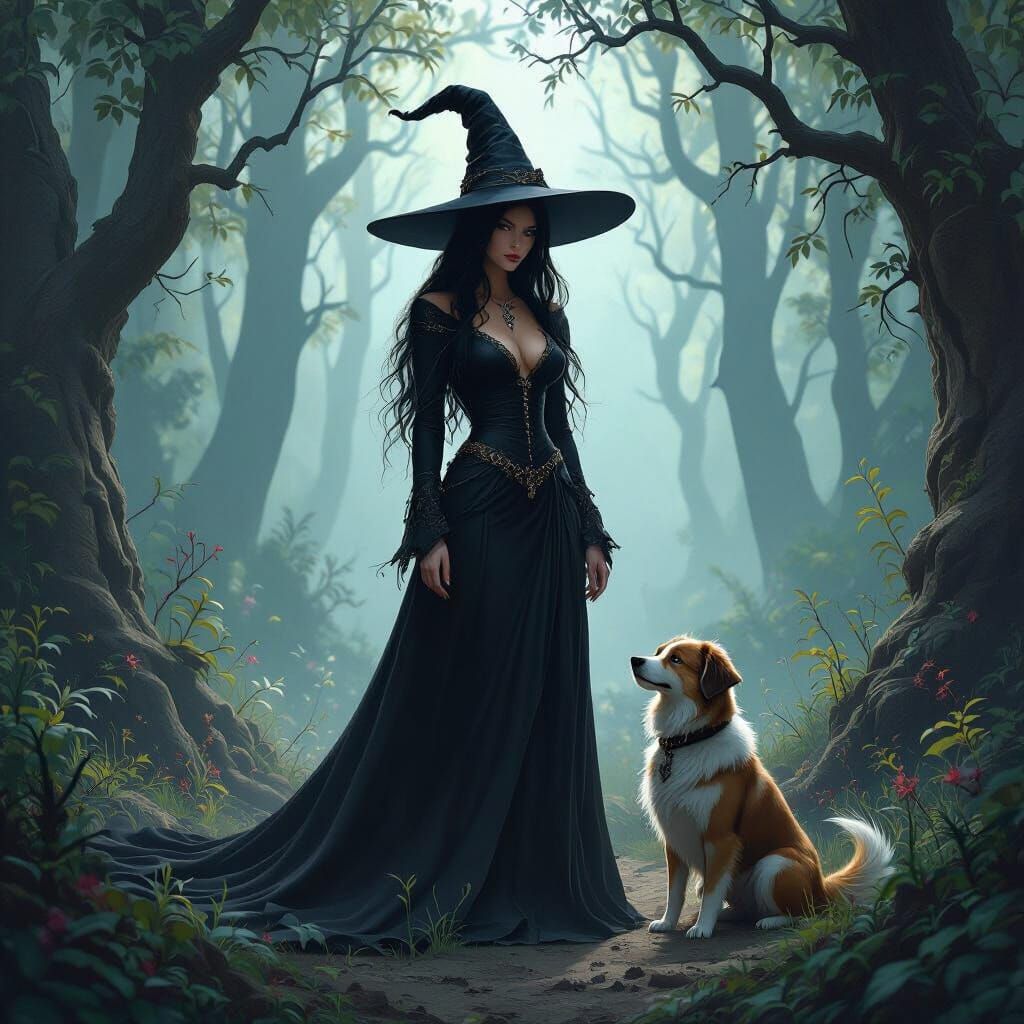 Dragon Witch and Loyal Dog in Mystical Forest