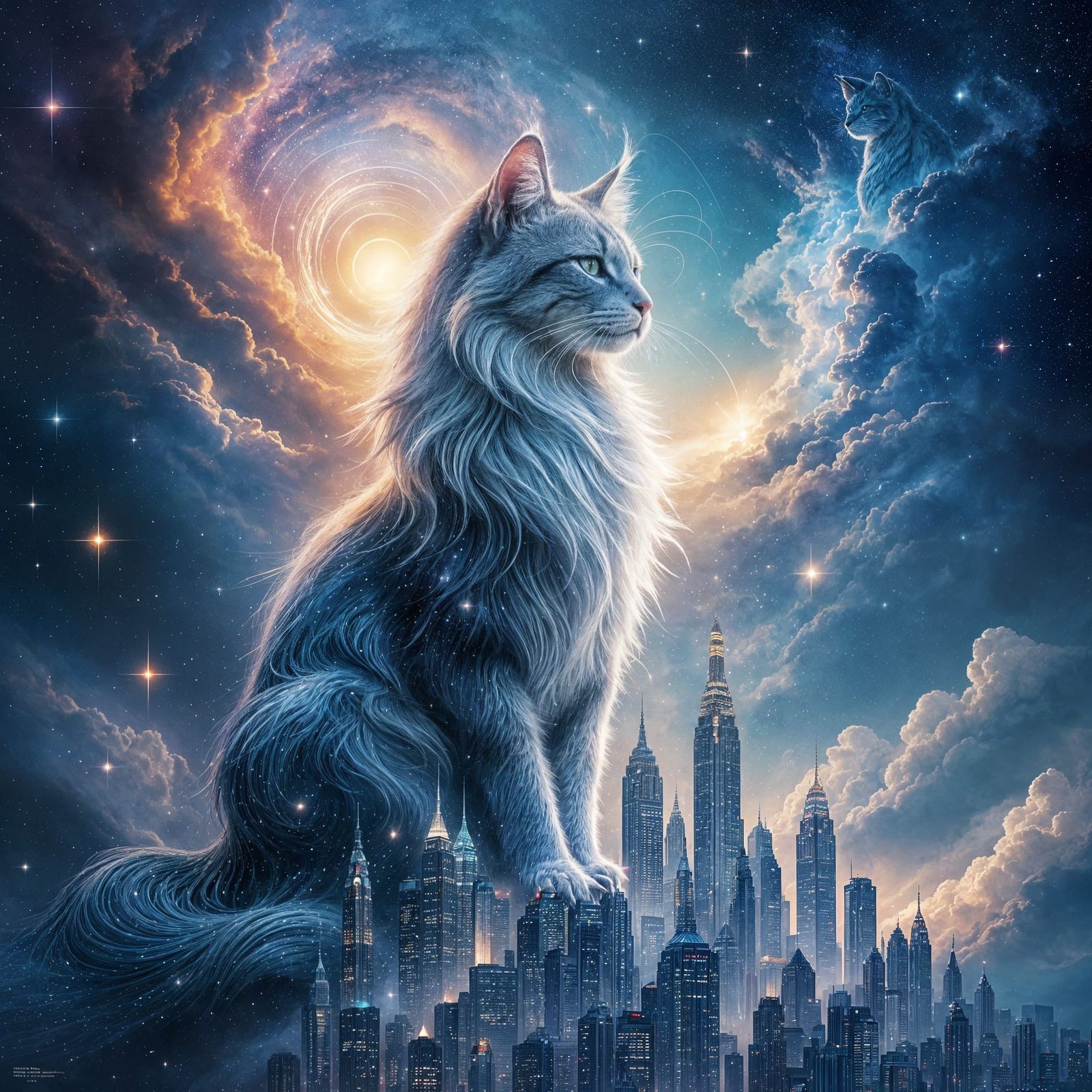 Cosmic Cat Guardian Over Celestial City