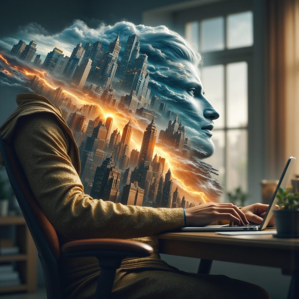 Zeus Working on Laptop with Futuristic City Vision
