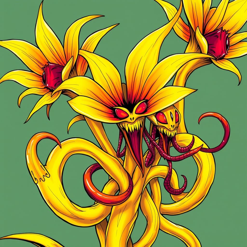Surreal, Sunshine-Yellow, Flower-Like Creatures with Serpent...