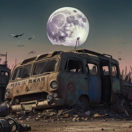 Wasteland Junkyard with Ravens in Anime Style