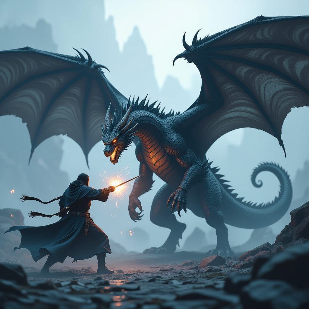 Dragon Hunter Faces Black Dragon Wings in Gloomy Blender Ren...