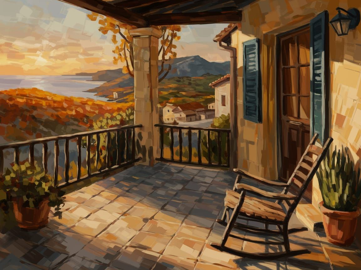 Corsican Veranda Overlooking Village at Sunset as Oil Painti...