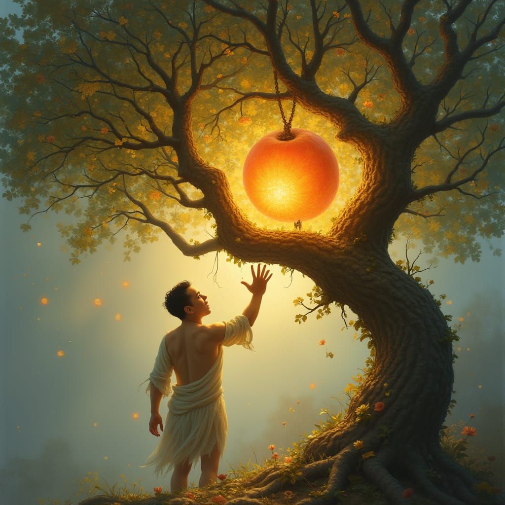 Hand Reaching for a Glowing Fruit on Fantasy Tree