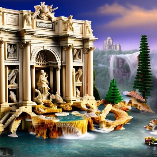 Lego Trevi Fountain in Ethereal, Detailed Setting