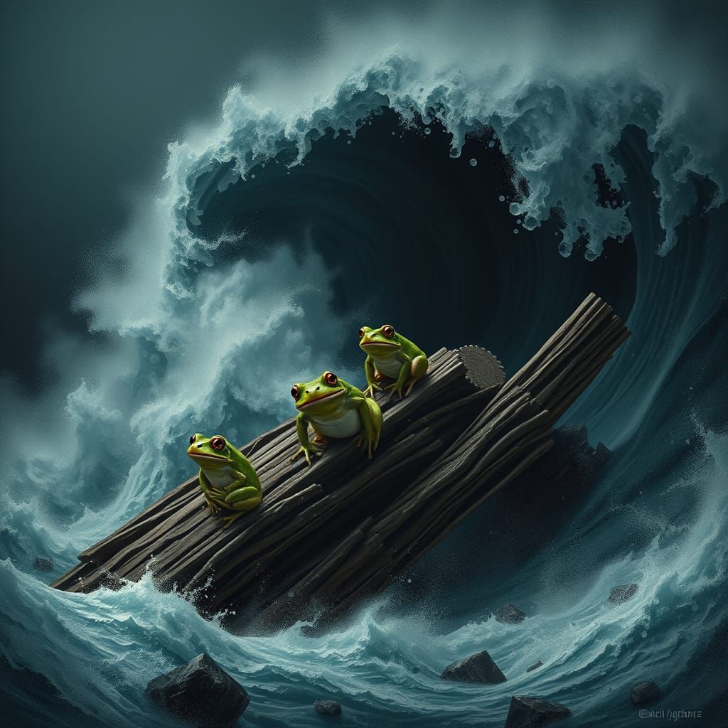 Frogs Ride a Colossal Wave in Surreal Scene