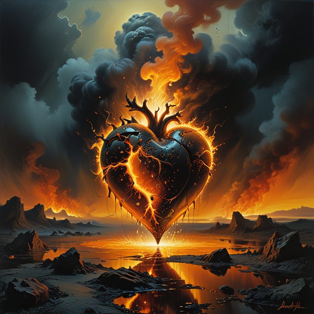 Surrealistic Flames Engulf a Heart in Dark, Misty Atmosphere