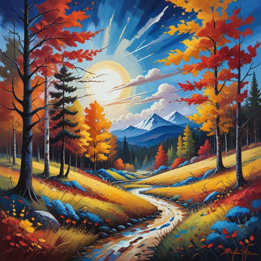 Autumn Landscape in Expressive Brushstrokes and Vibrant Colo...