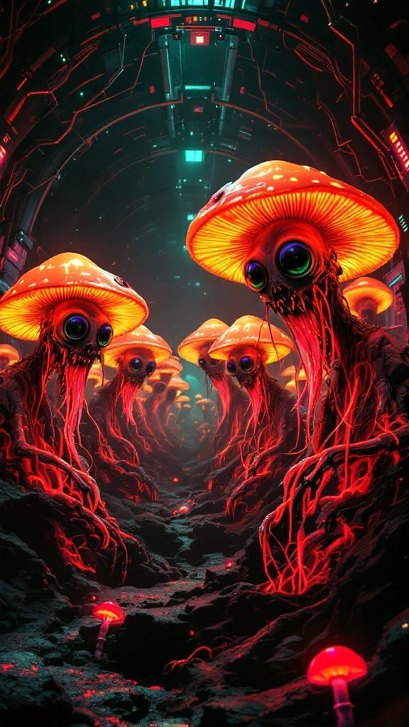 Bioluminescent Zombie Mushroom Hybrid in Abandoned Tech Labo...