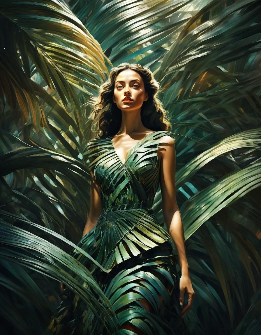 Surreal Girl in Palm Leaf Dress: Digital Art