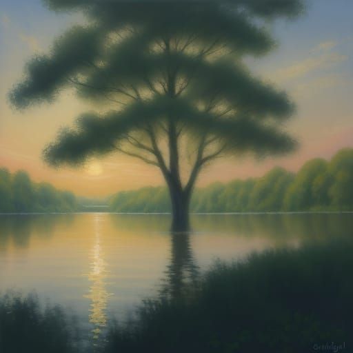 Ethereal Watercolor Trees on Riverbank in Golden Light