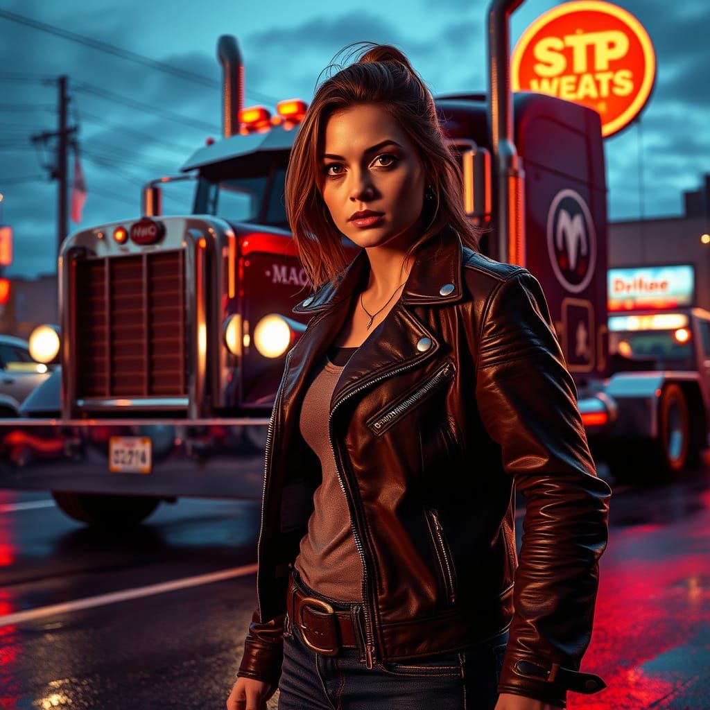 Trucker in Cityscape with Cyberpunk Style