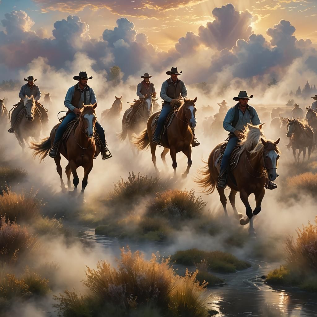 Cowboys Ride Through Ethereal Cloudscape