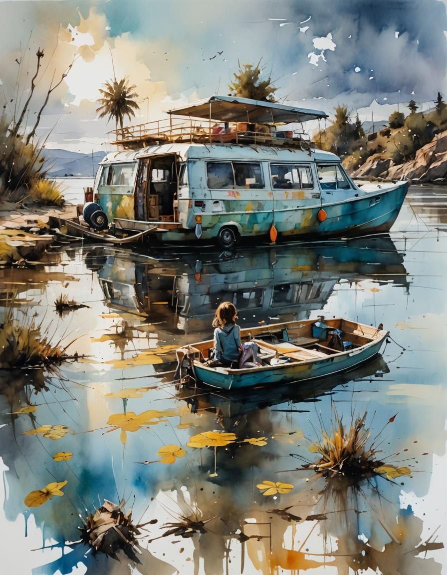 Floating Campervan Boat in Watercolor Art Style
