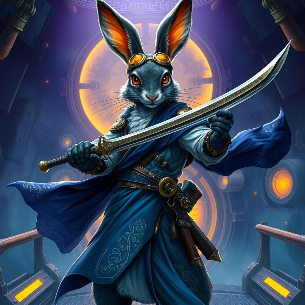 Hare Swashbuckler on Spaceship Bridge, Dark Fantasy Art