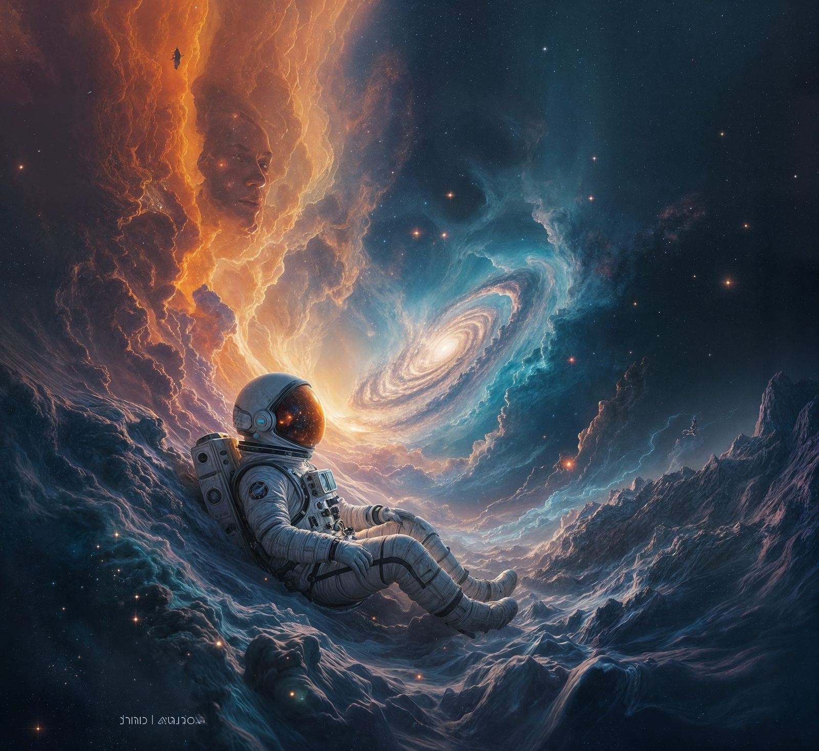 Astronaut Adrift in Cosmic Sea with Nebulae