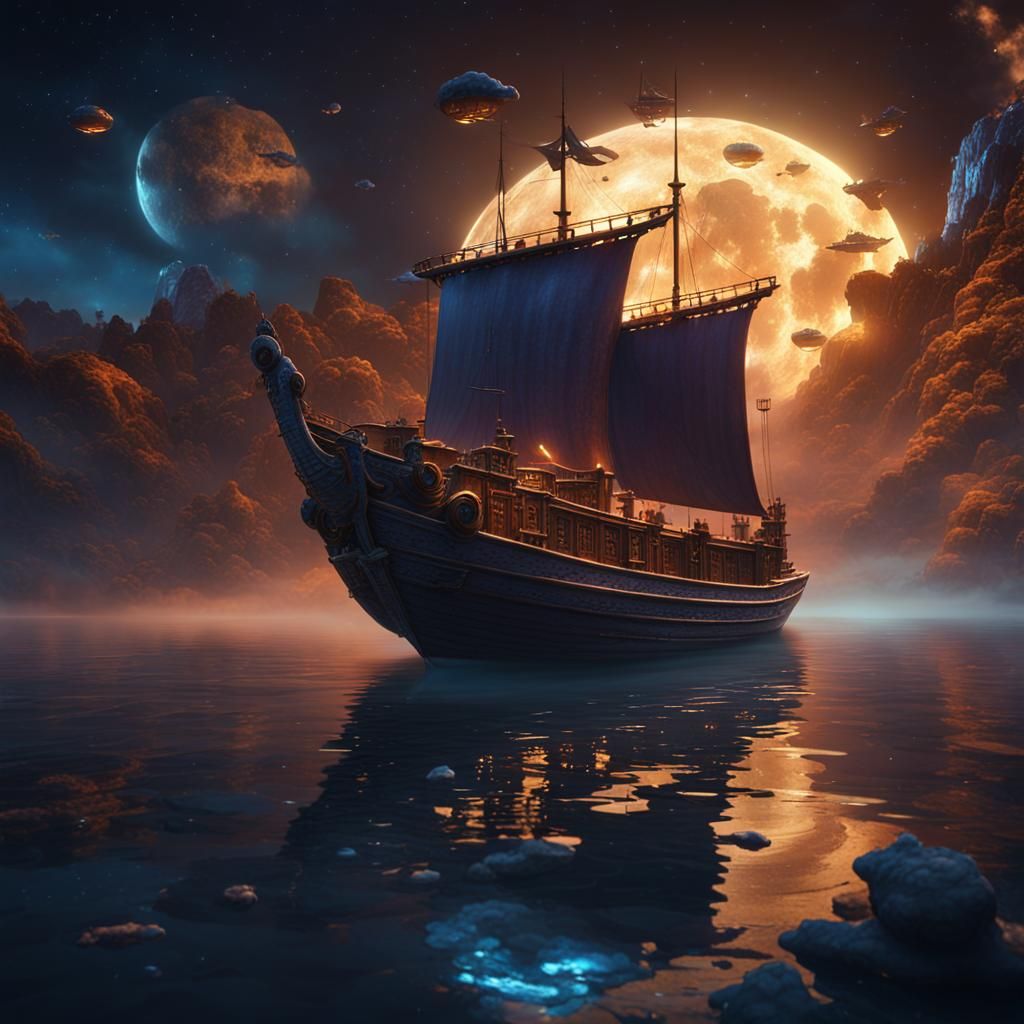 Fantastical Boat Soaring Through Night Sky