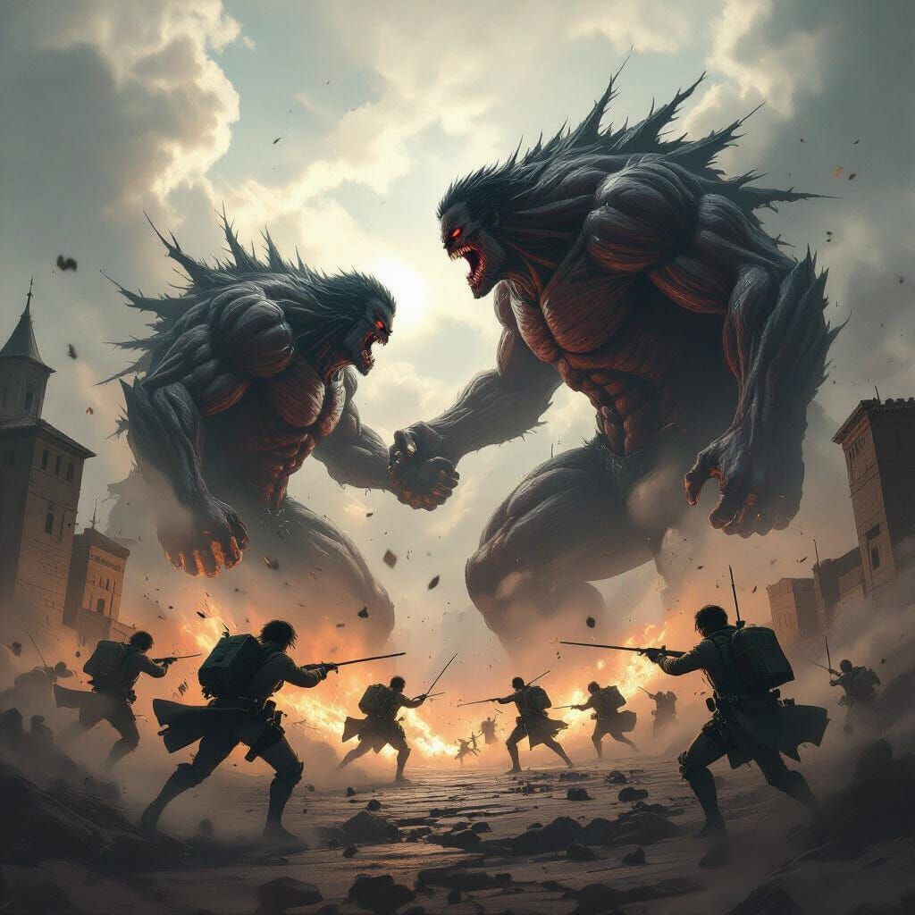 Epic Titan Battle: Soldiers Fight Colossal Giants Above Wall...