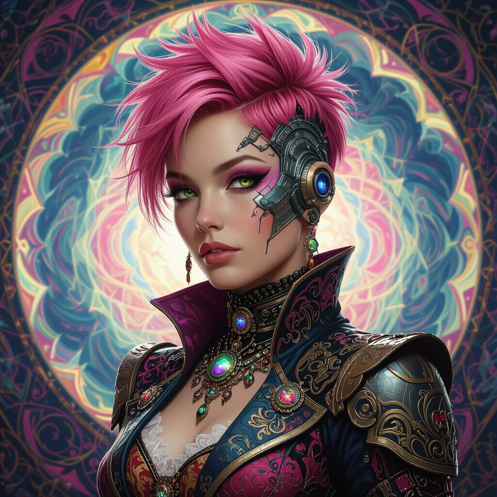 Fierce Cyberpunk Warrior Woman with Victorian Clothing