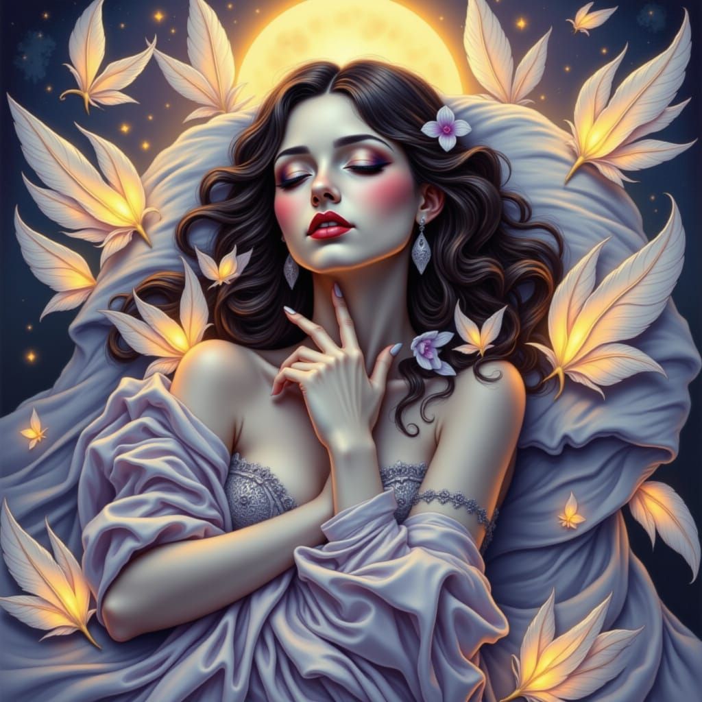 Surreal Woman in Soft Focus, Surrounded by Feathers and Fire...