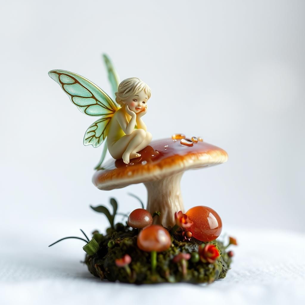 Enameled Glass Fairy on Mushroom, Magical Photography