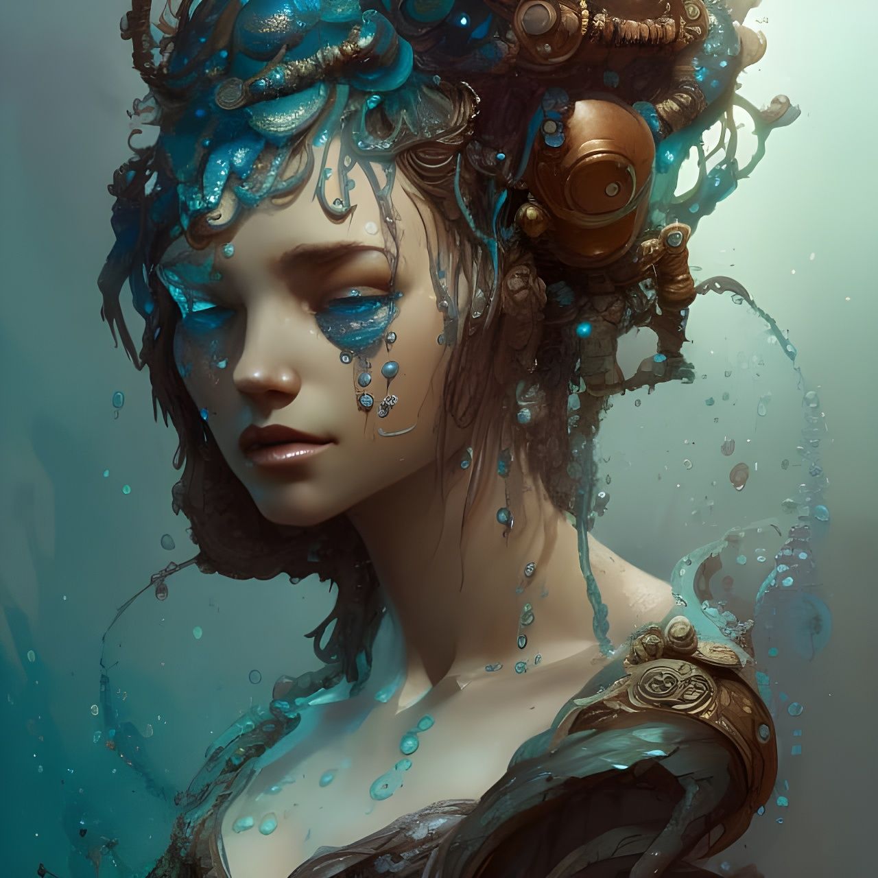 Detailed Watercolor Portrait of Ancient Water God