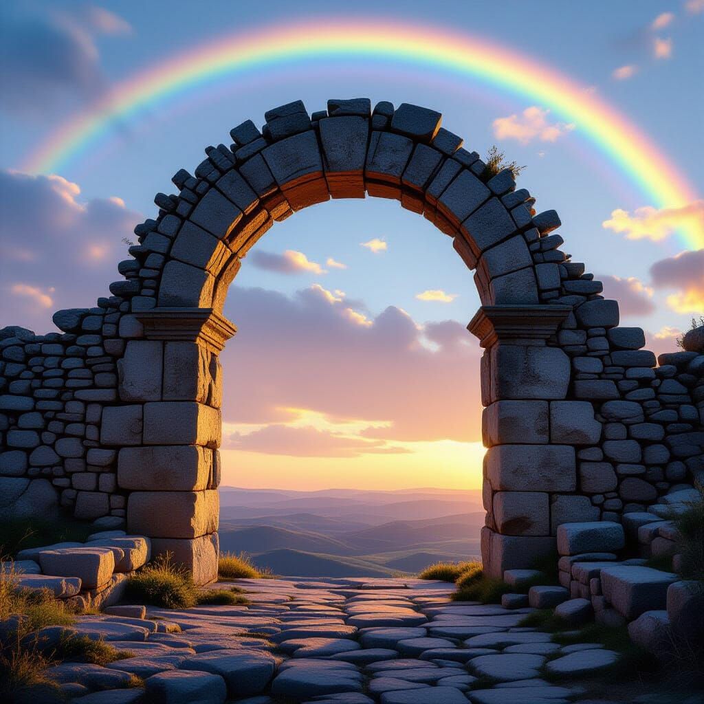 Ancient Stone Archway Against Vibrant Rainbow Sky