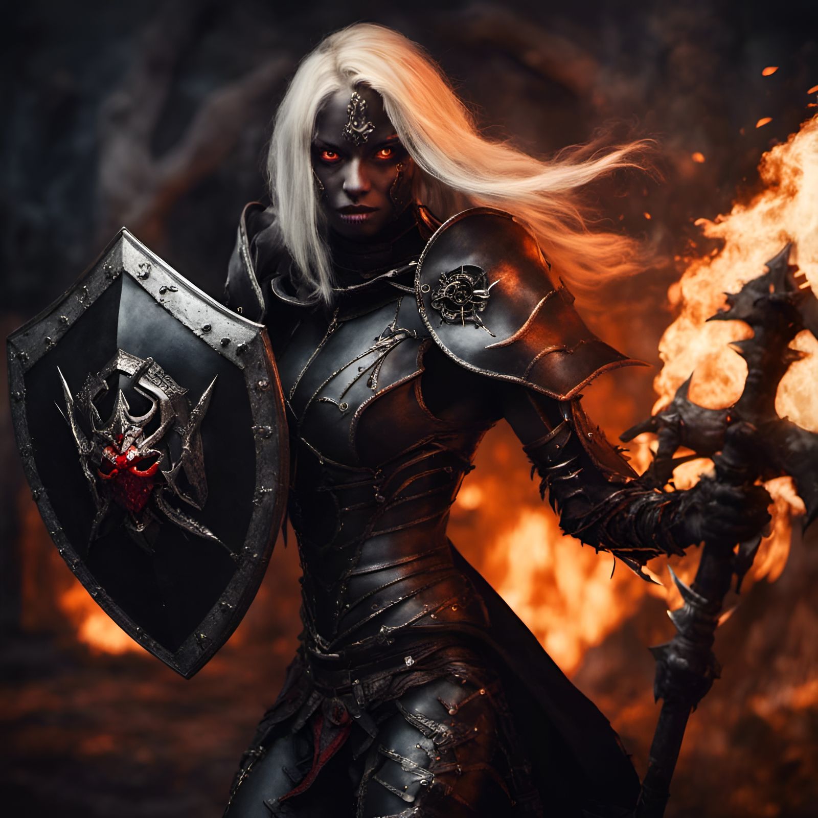 Drow Vampire Knight with Fiery Whip, Hyperrealistic