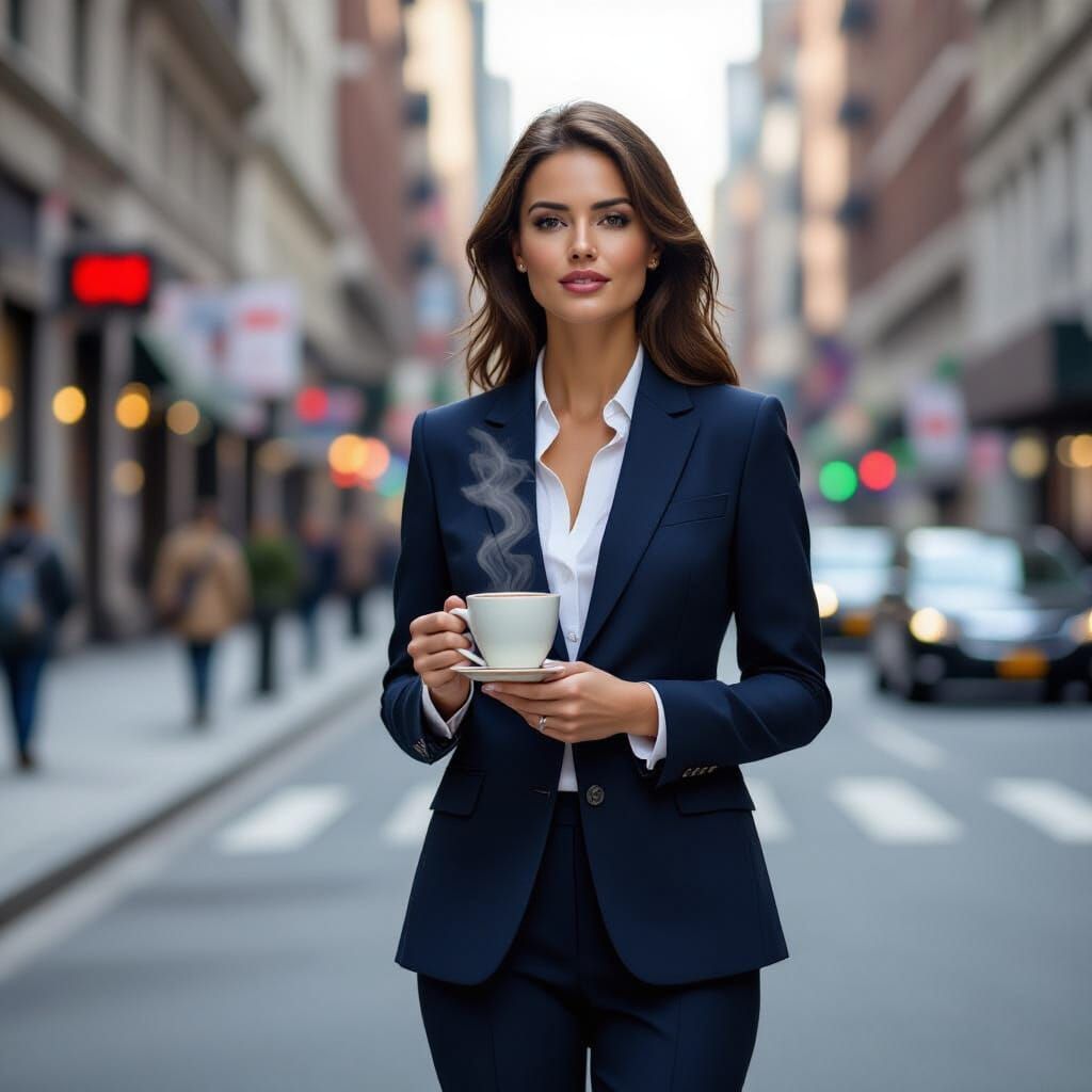 Businesswoman Pauses on City Street with Coffee