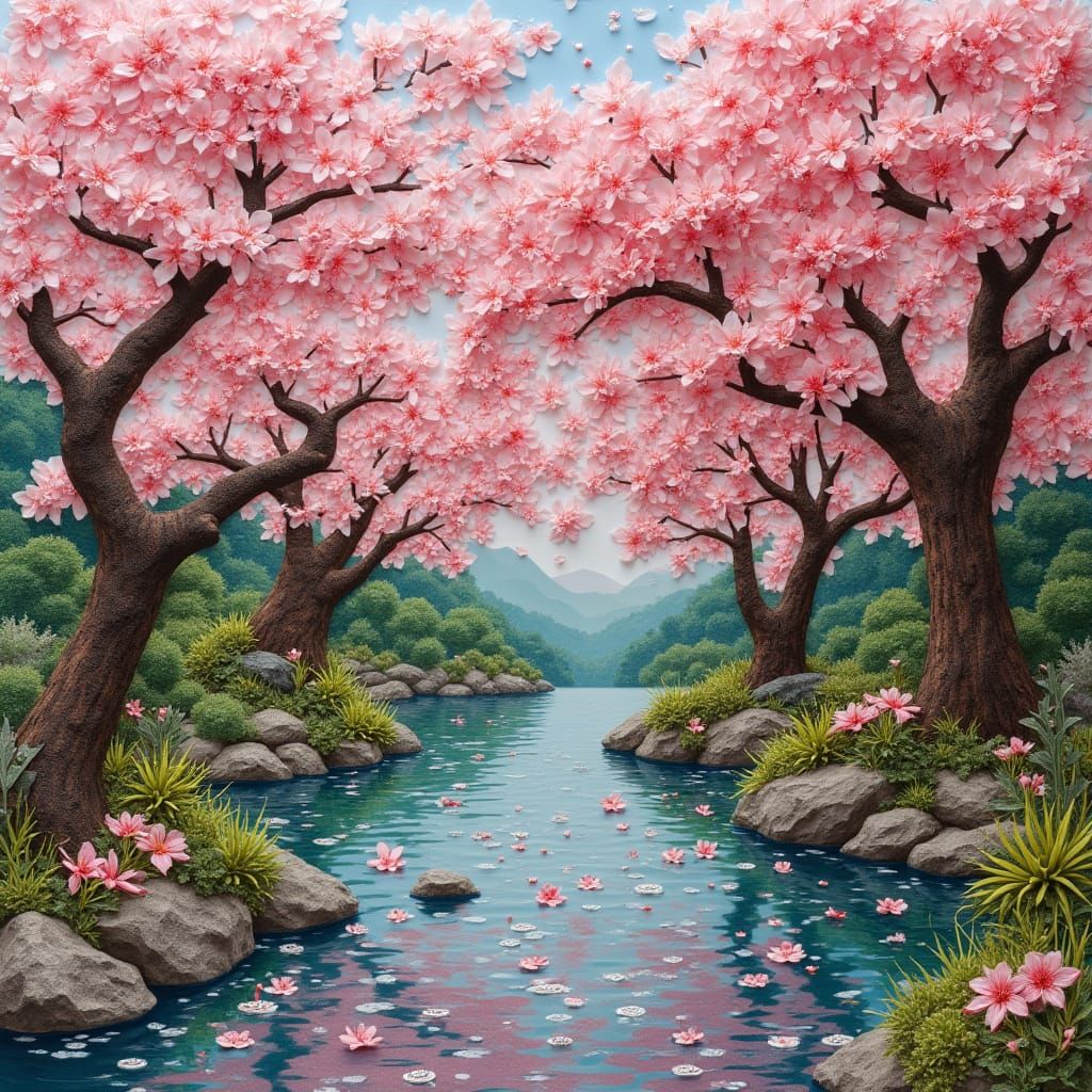Cherry Blossom Garden Crafted from Banknotes and Coins