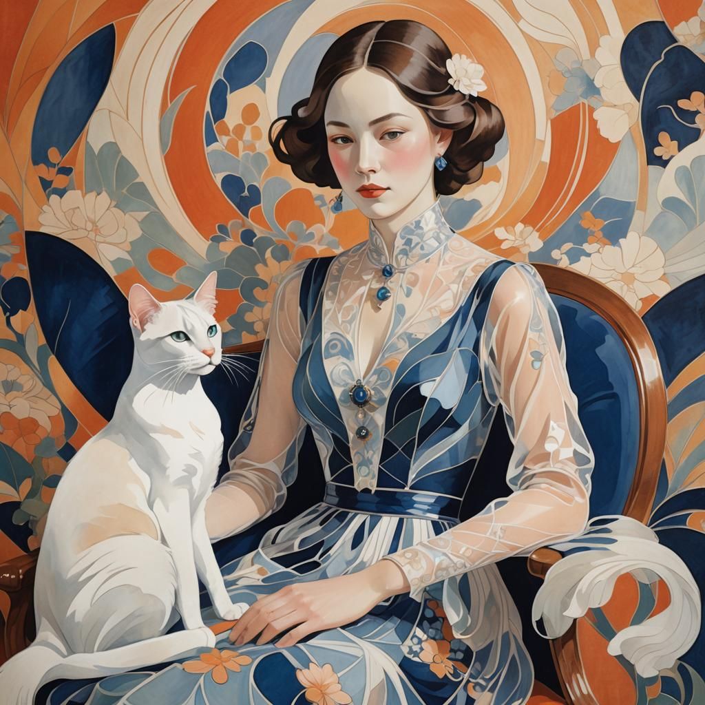 Elegant Lady with Cat in Art Nouveau Style